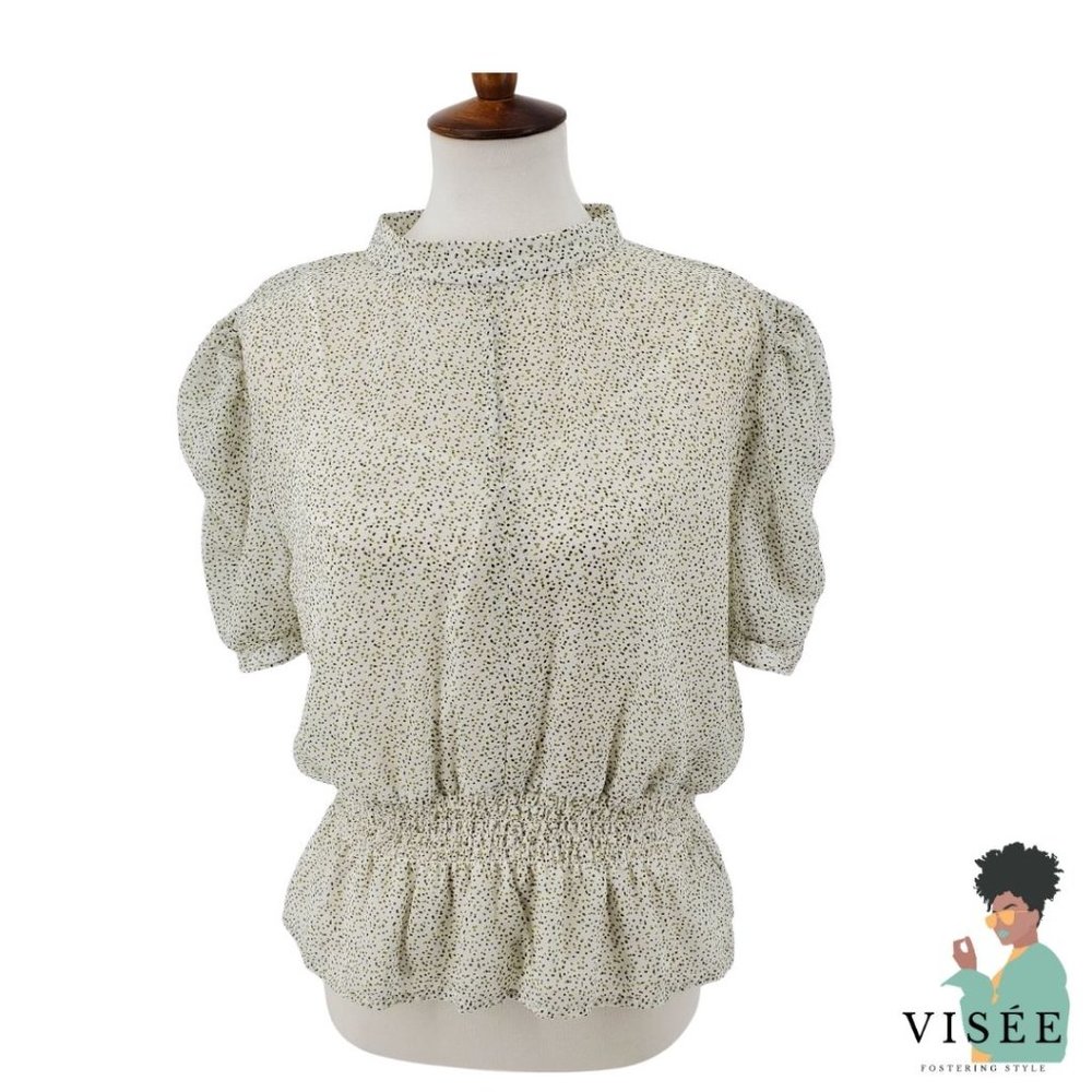 Wayf Keyhole Cinched Waist Roushed Sleeve Dot Top